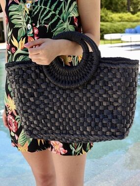Black Woven Straw Tote Bag with Round Handles